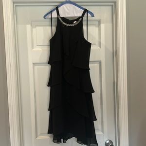 Black ruffle dress with beaded pearl halter neck